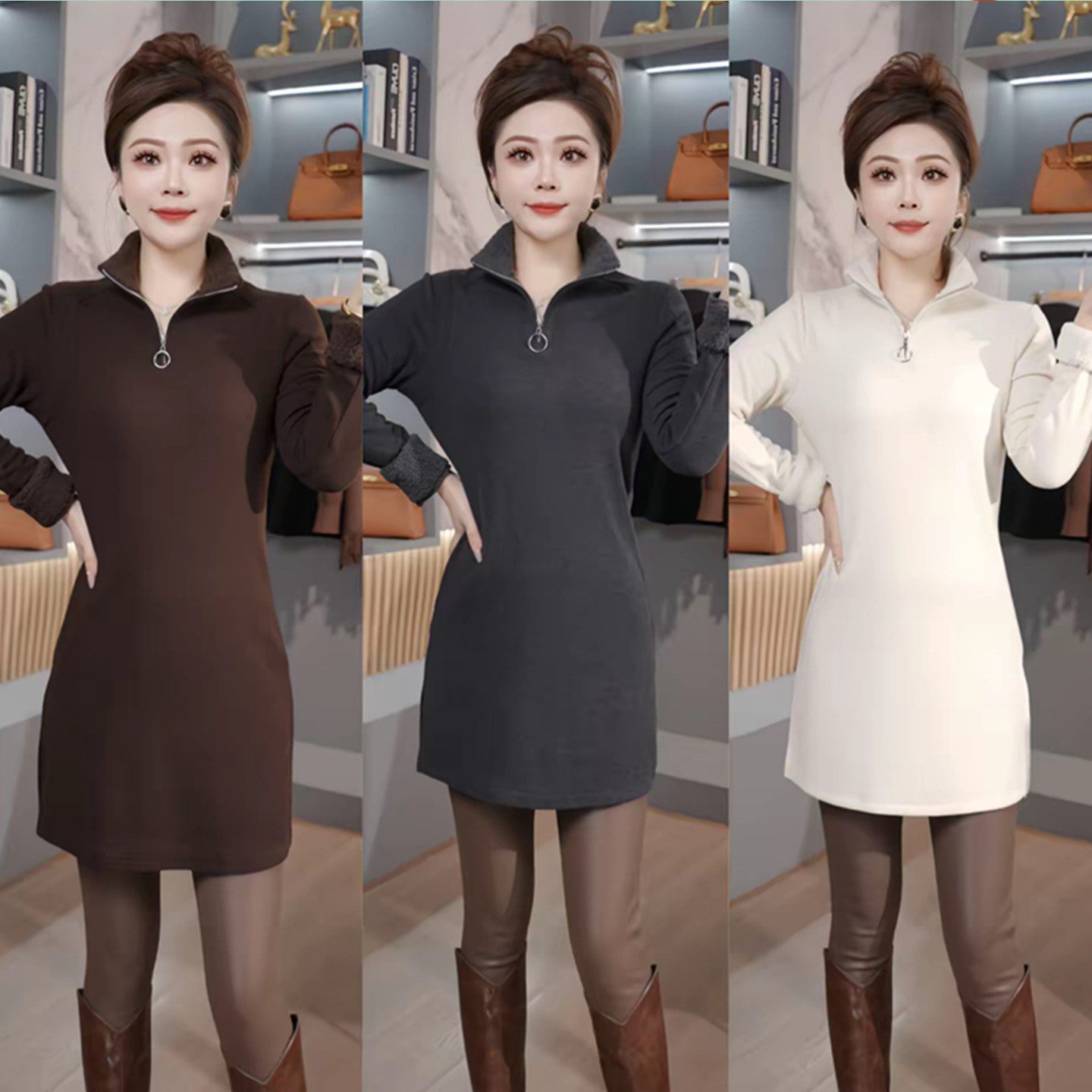 中长款加绒半拉链立领长袖T恤女秋冬百搭显瘦加厚保暖打底上衣潮