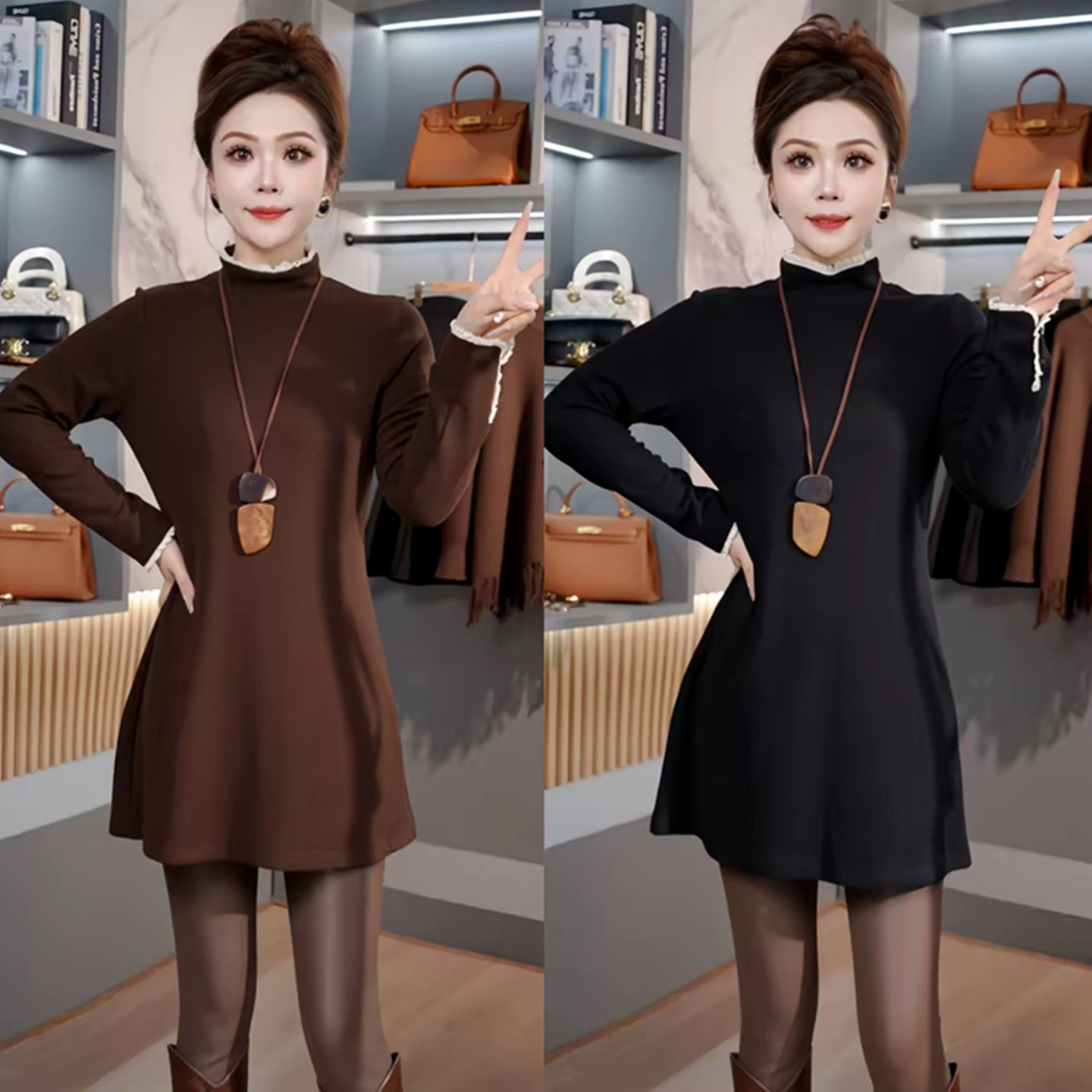 秋冬蕾丝拼接半高领长袖打底T恤