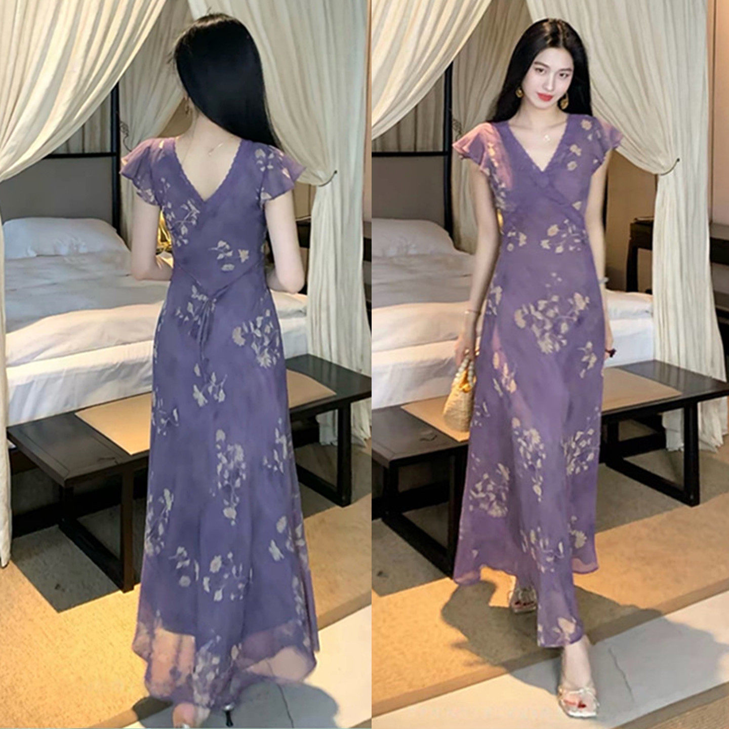 法式氛围感紫色碎花蕾丝小飞袖连衣裙女夏季气质收腰显瘦V领长裙