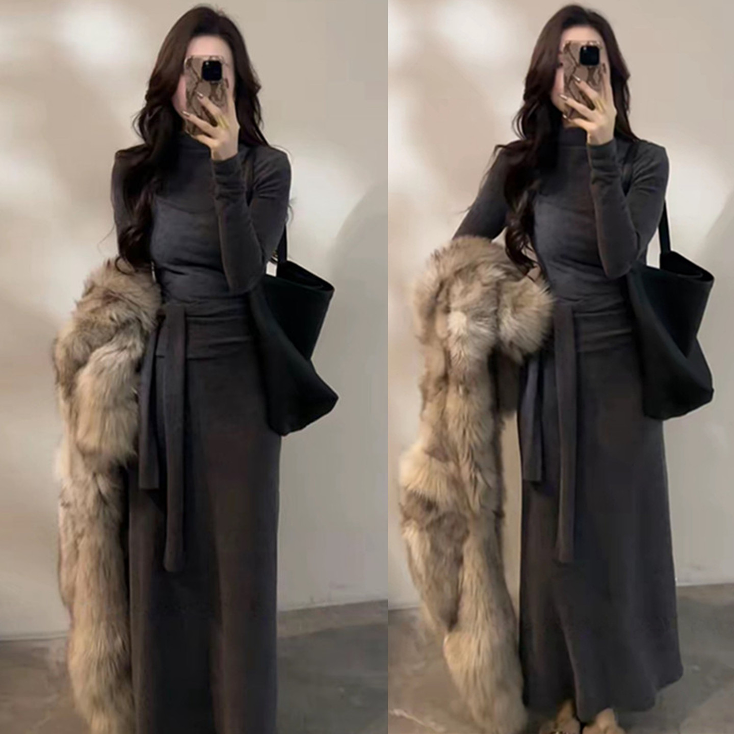 设计感绑带假两件长袖半高领长裙