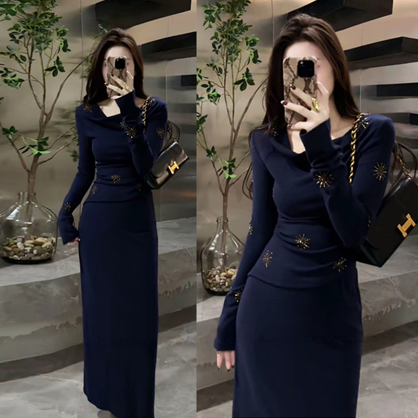 精致刺绣荡领上衣修身显瘦半身裙