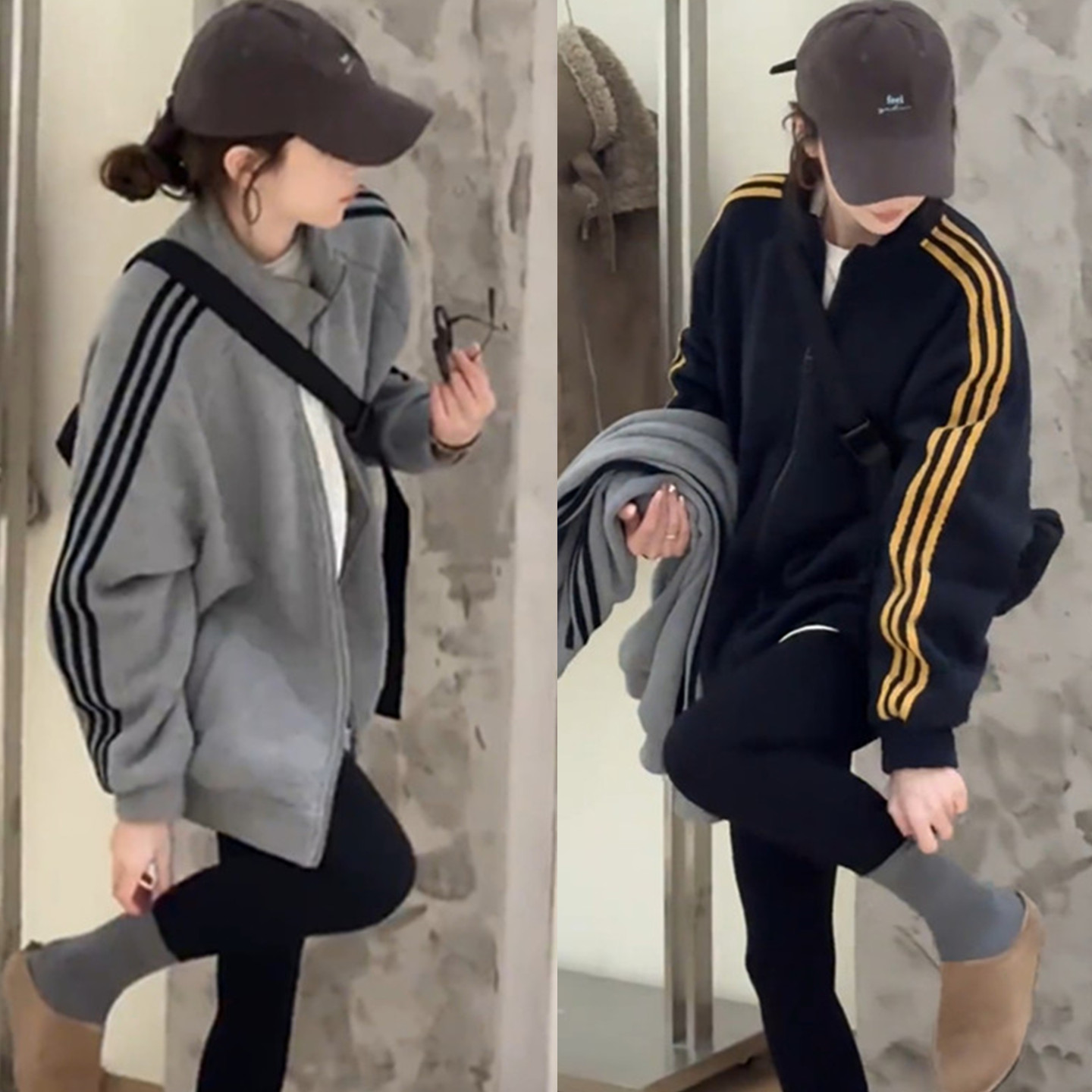 宽松百搭三条杠拉链长袖开衫外套