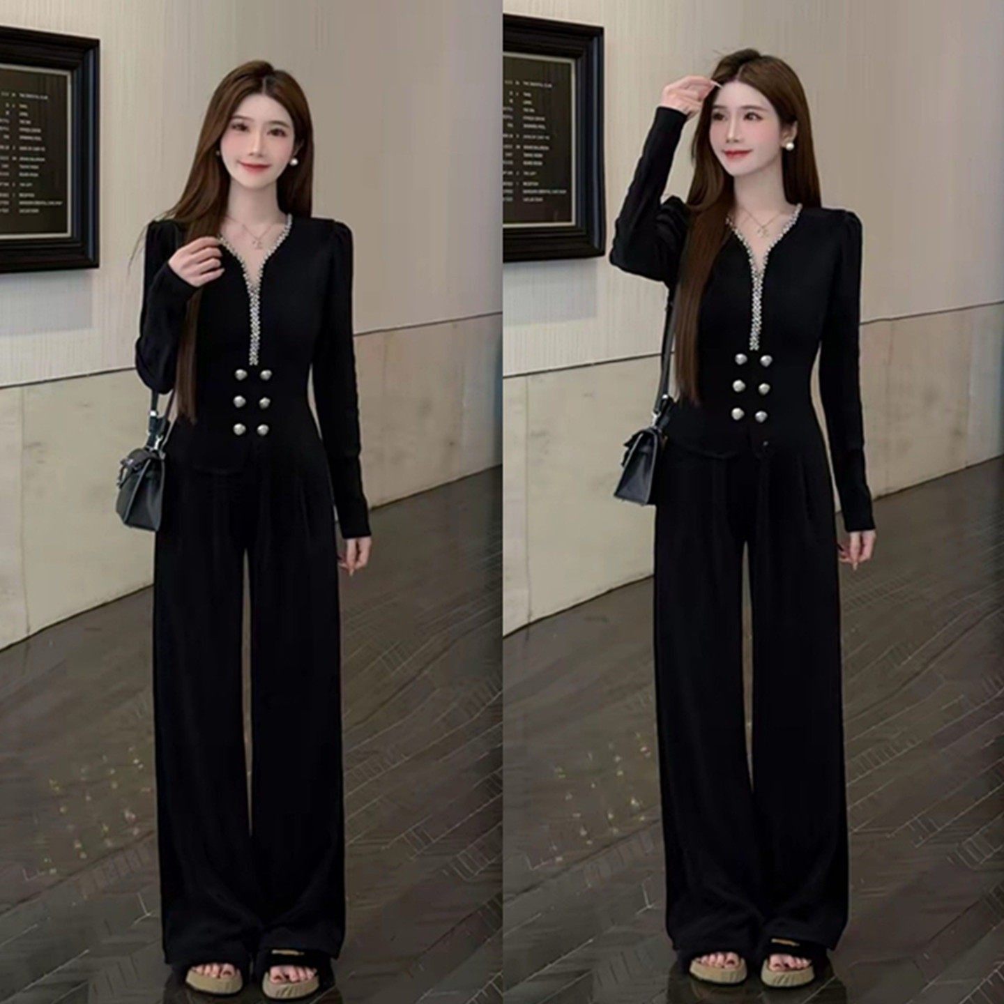 巨好看气质套装女秋冬加绒水钻V领双排纽扣上衣直筒阔腿裤两件套