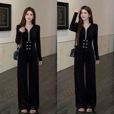 秋冬加绒水钻V领阔腿裤套装