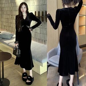 名媛气质v领蕾丝拼接丝绒长袖连衣裙女2025秋季收腰显瘦鱼尾长裙