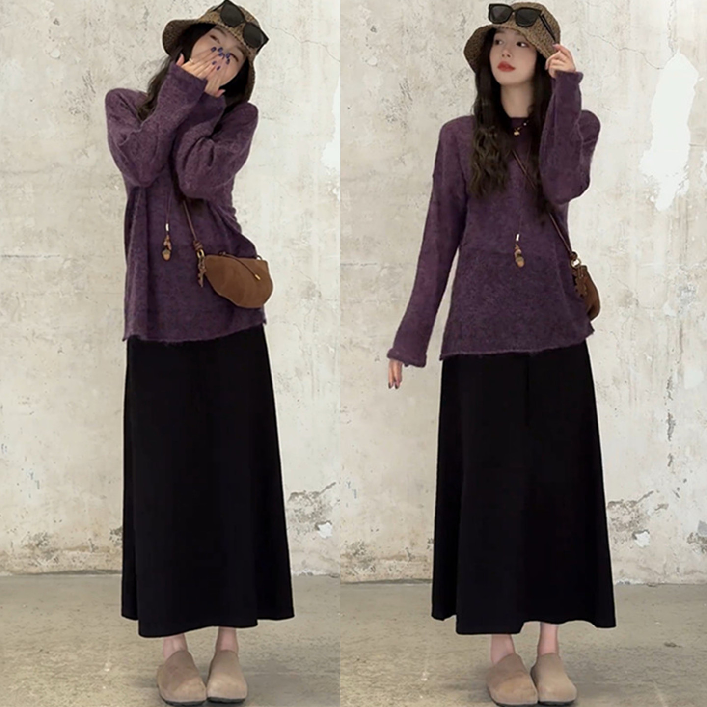 紫色长袖针织衫毛衣+显瘦半身裙