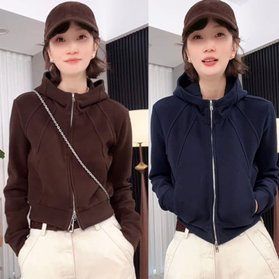 小个子双拉链连帽短款开衫外套