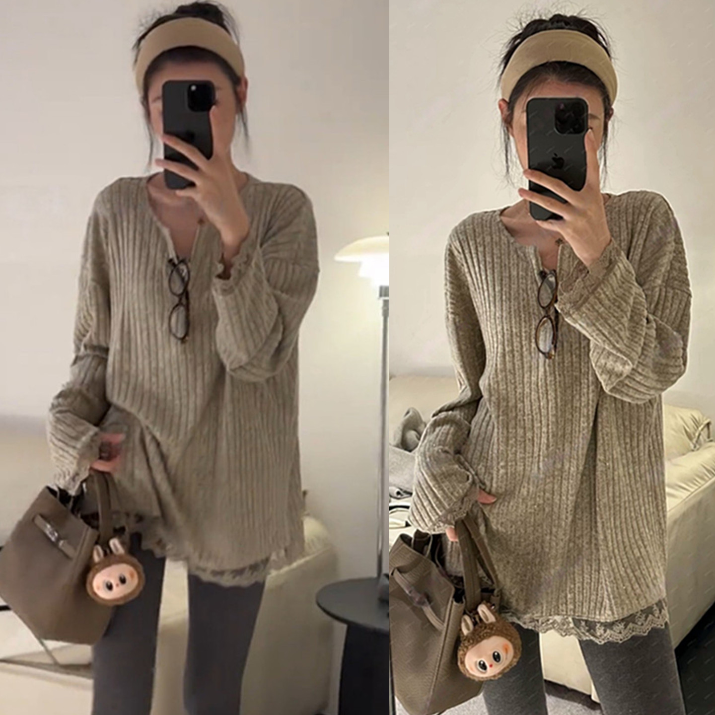 慵懒风中长款蕾丝拼接长袖针织毛衣女秋冬韩系宽松显瘦打底衫上衣