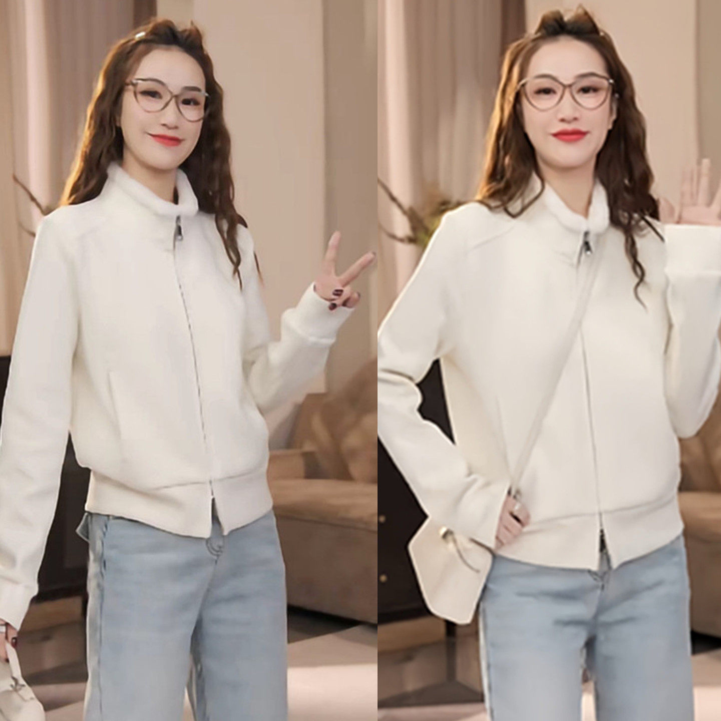 双拉链毛绒立领长袖开衫外套