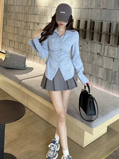 洋气高腰百褶半身裙两件套 设计感收腰皱褶长袖 衬衫 女早春新款 时尚