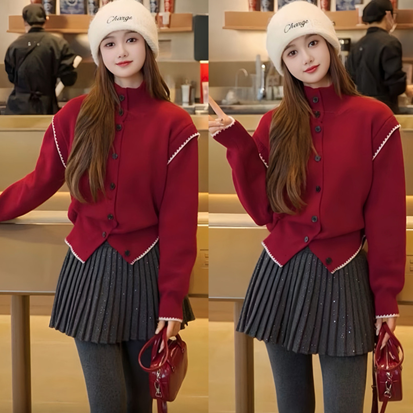 法式高领加厚显瘦针织开衫女