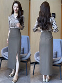 高腰侧开叉气质半裙两件套 女秋季 御姐风时尚 v领纽扣缎面显瘦衬衫