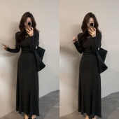 御姐风设计感细闪点缀长袖 连衣裙女秋冬气质褶皱收腰显瘦A字长裙