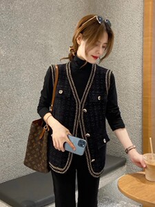 时尚名媛小香风精致马甲女秋新款仿貂绒宽松百搭v领无袖背心开衫