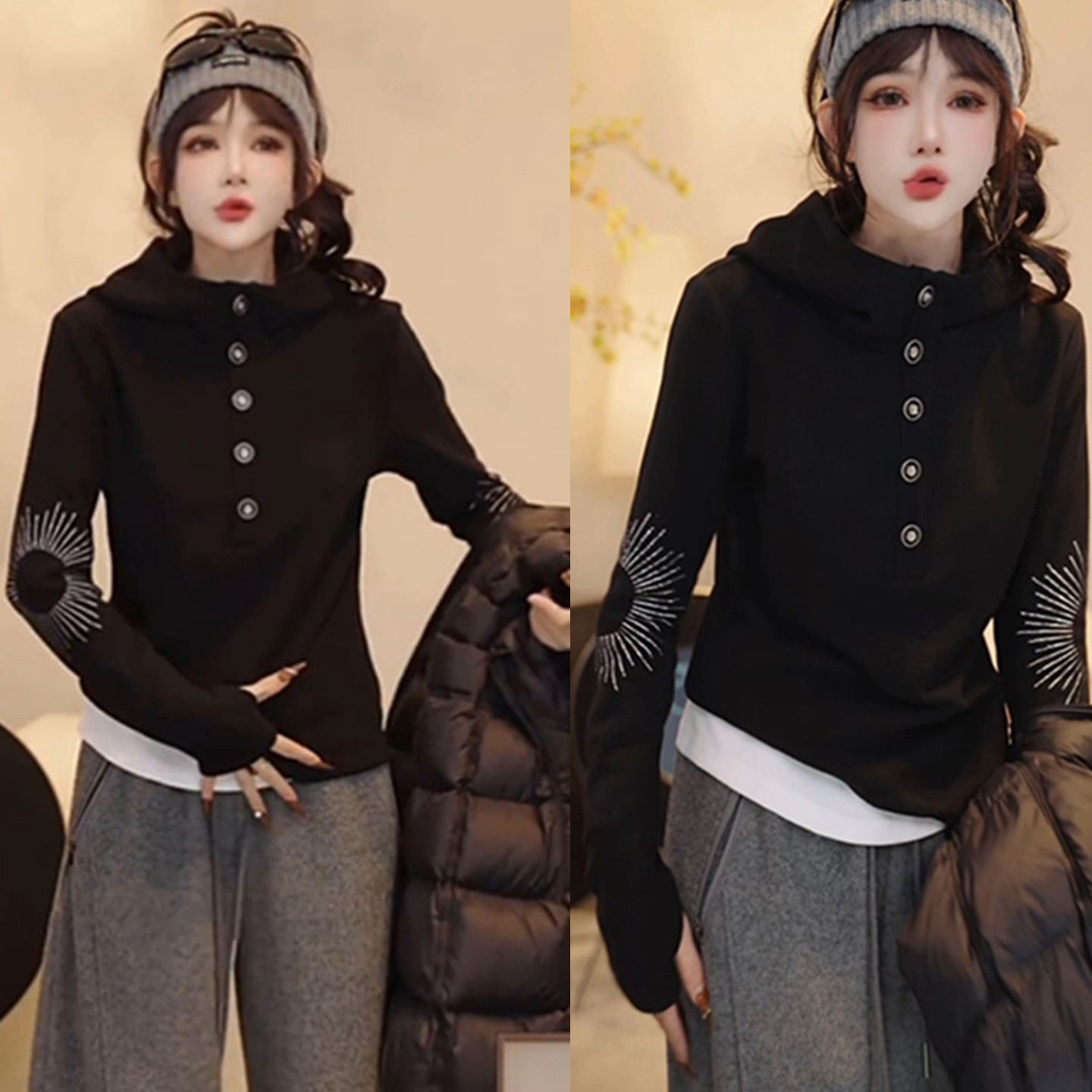 双面绒纽扣半开领连帽长袖卫衣