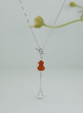 S925纯银葫芦项链女TO扣流苏锁骨链镶嵌红玛瑙吊坠国潮中国风饰品