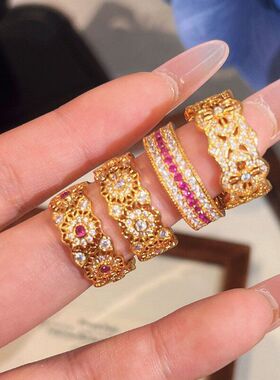 金店同款老铺满钻蔷薇窗花金刚杵戒指复古轻奢红宝石叠戴风食指戒