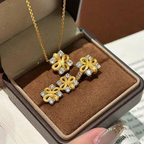 Vintage中古布契风拉丝灵蛇镶钻耳钉项链戒指超闪精致感饰品套装