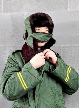 老橄榄绿皮帽男东北防寒保暖雷锋帽冬季老年羊毛棉栽绒帽寒区防冻