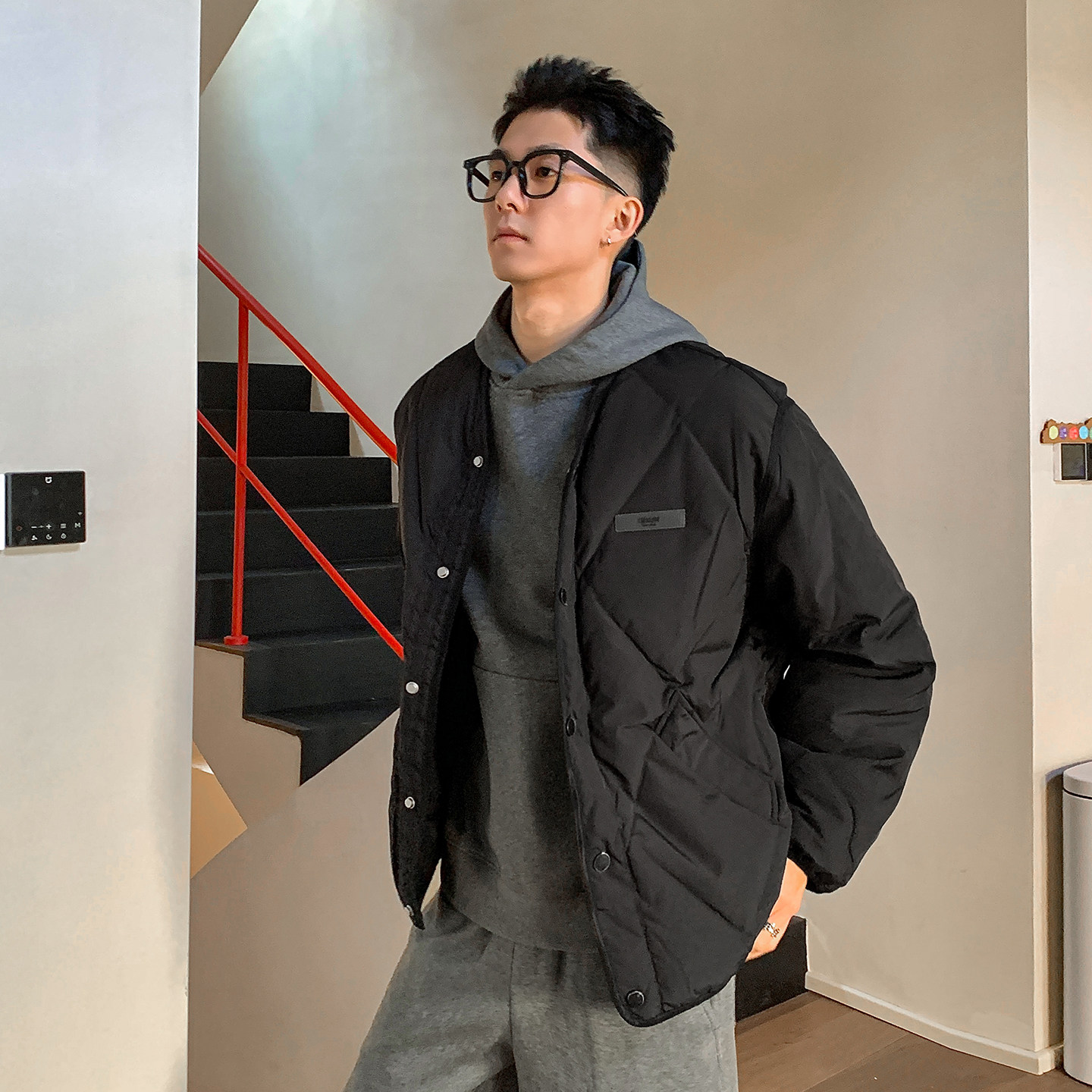 二十八间 轻薄菱形格短款白鸭绒羽绒服男冬季美式夹克无领外套