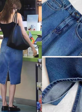 THERSTUDIO ROW肯豆同款半身裙复古腰后开叉水洗蓝中长牛仔裙子