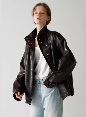 THERSTUDIO ROW皮衣外套女春夏秋宽松立领机车风廓形通勤夹克上衣