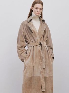 THERSTUDIO ROW新款系带宽松灰褐色皮衣大衣束腰级外套