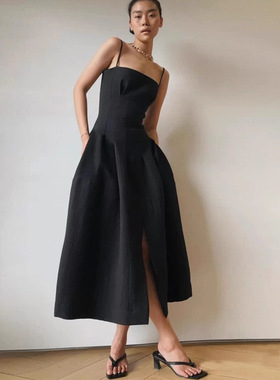 THERSTUDIO ROW吊带黑色连衣裙女蓬蓬裙新款设计感小众前开叉裙