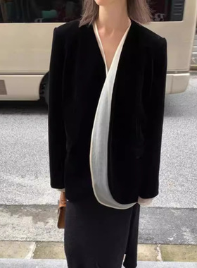 THE R STUDIO ROW双层西装外套女2024秋冬新款丝绒女士西装外套