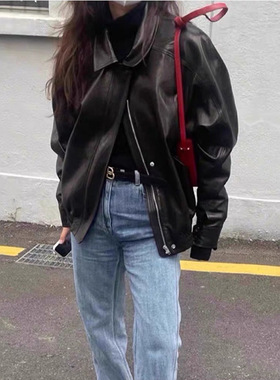 THERSTUDIO ROW 24春季新款皮衣夹克外套女装宽松翻领排扣长袖