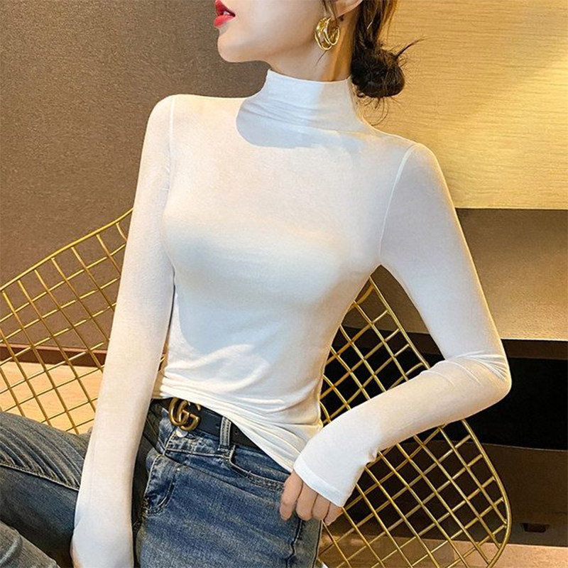 여성용 순면 미드 하이 칼라 가을 코트 타이트한 얇은 이너웨어 보온 속옷 바닥 셔츠 가을 겨울 파일 칼라