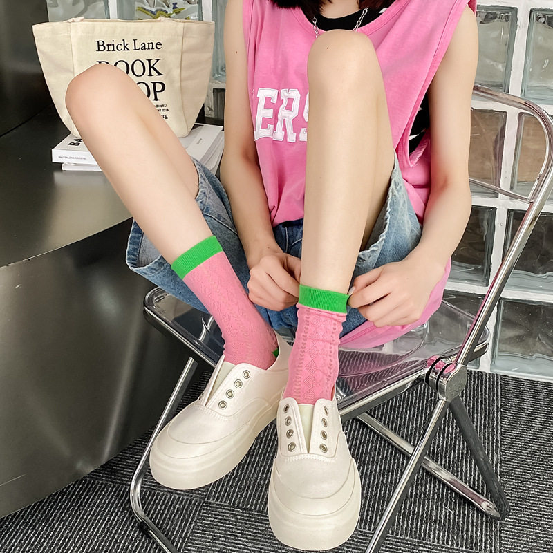 CRAZYSOX 대조 색상 여성용 통기성 양말 유행 여름 얇은면 양말 일본 메쉬 통기성 중반 송아지 양말