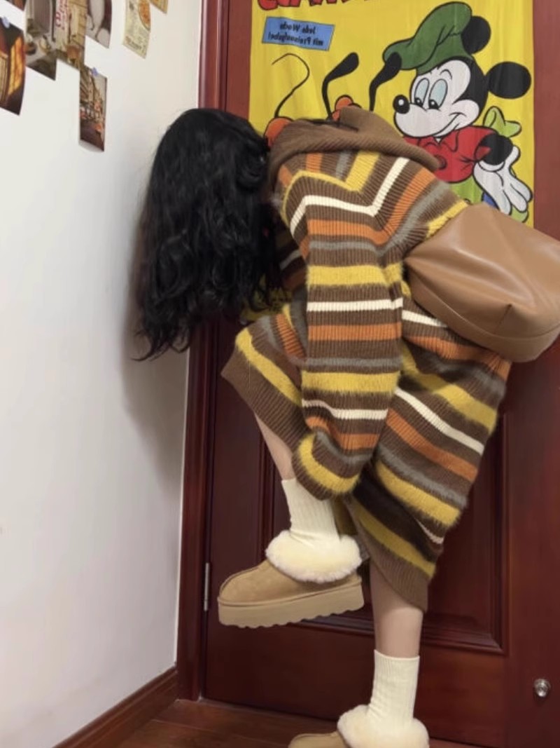 撞色条纹卫衣连帽连衣裙女秋冬韩毛衣