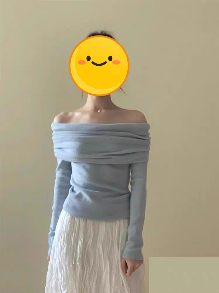 蓝色一字肩上衣女chic甜美设毛针织衫