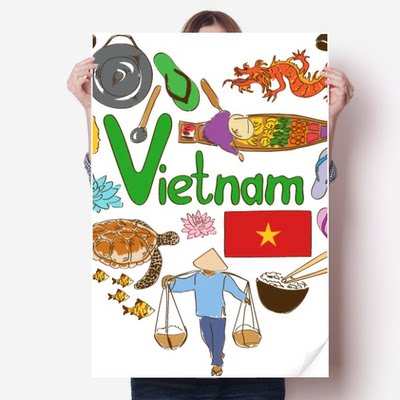 越南心形插画图案海报贴纸80x55cm墙贴纸卧室家居装饰