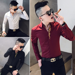 发型师绣花衬衫夏季长袖韩版帅气休闲短袖衬衣潮流修身男装七分袖