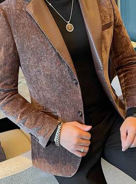 拼皮西装外套男士春季款2026新款男装高级感痞帅休闲皮衣西服男款