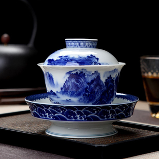 景德镇三才盖碗大号不烫手陶瓷功夫茶具套装千里江缠枝连盖碗茶杯
