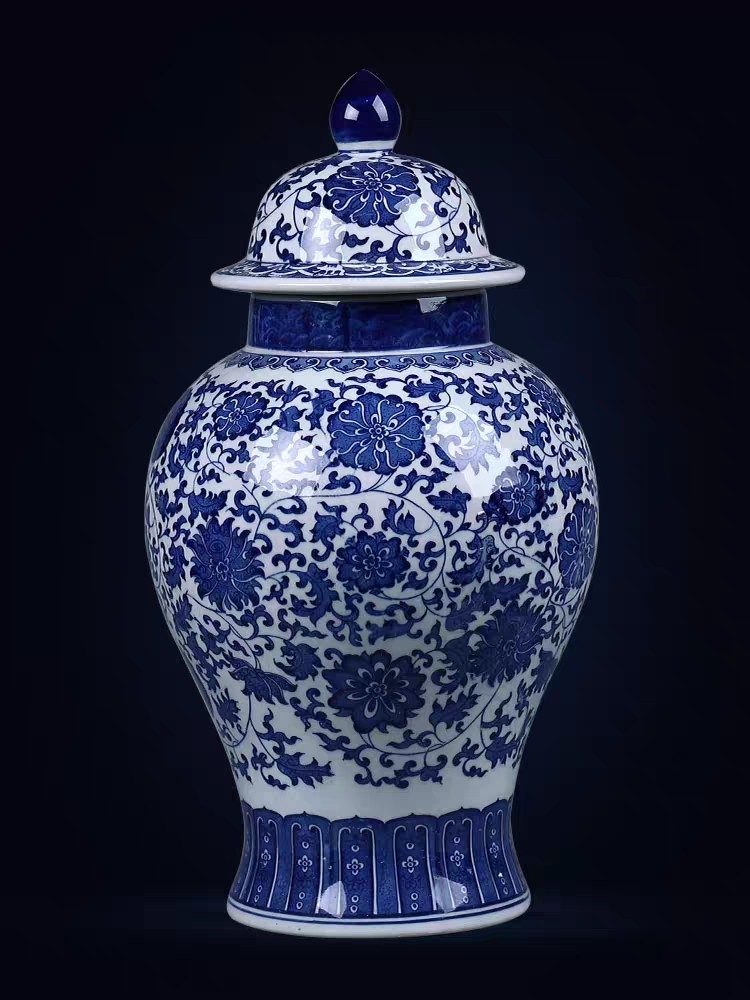 景德镇青花瓷储物罐陶瓷器摆件带盖中药罐五谷杂粮罐子大号将军罐
