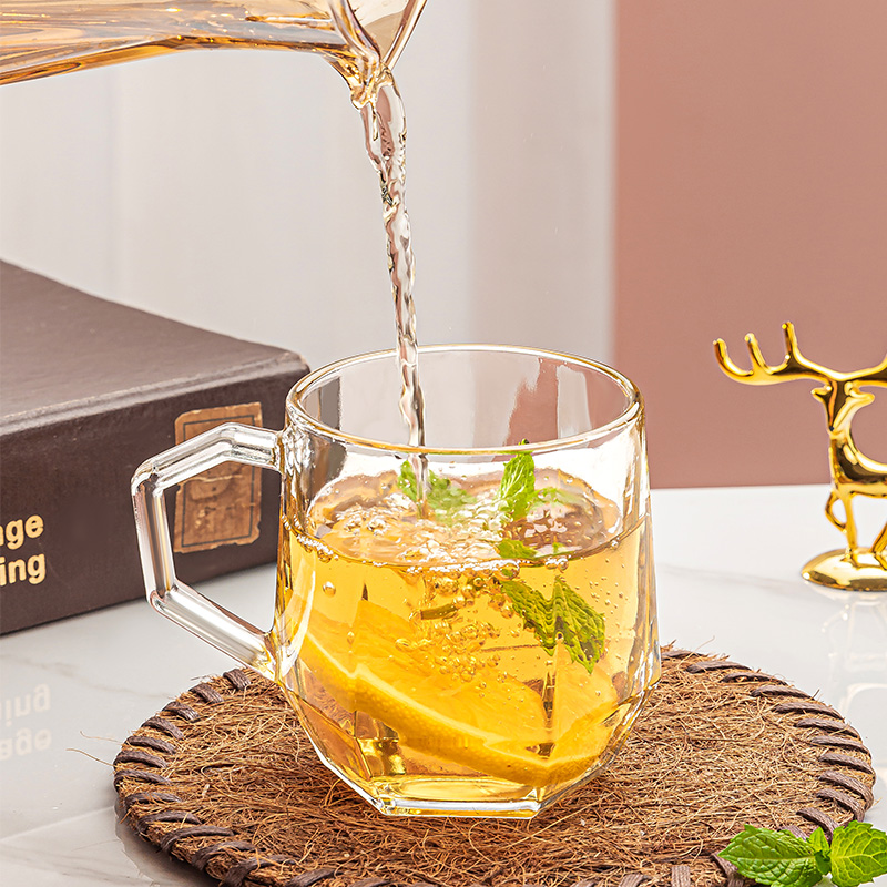 钻石玻璃杯把手杯六棱水杯家用一套整套杯子咖啡杯加厚韩式水杯子