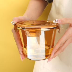 新款琥珀色玻璃汤碗带盖微波炉大容量水果保鲜盒上班族玻璃饭盒子