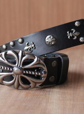 真皮男士女士通用腰带个性铆钉平滑扣花形合金扣板扣头层牛皮腰带