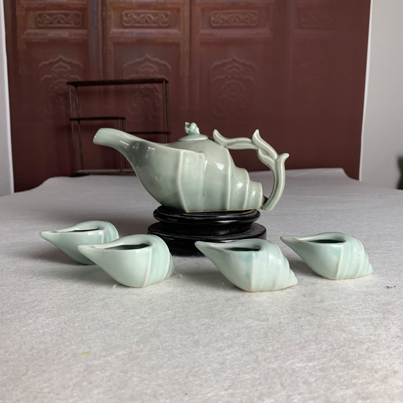 茶具五件套80年代国营老厂柴窑龙泉青瓷田螺一壶四杯家用瓷器茶壶