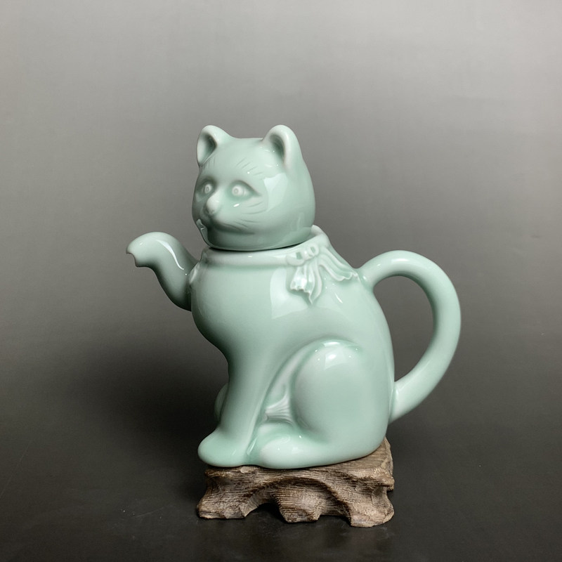 招财猫茶壶龙泉青瓷国营瓷厂蓝色底章凉水壶老怀旧摆件老茶具猫壶