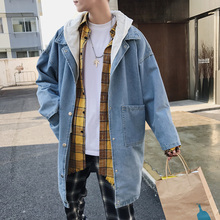 男士 潮流春秋连帽外套 大衣英伦风韩版 秋季 牛仔风衣中长款 2019新款