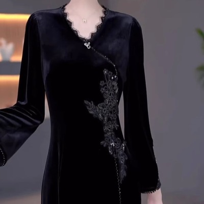 高档法丹绒国风改良旗袍礼服裙