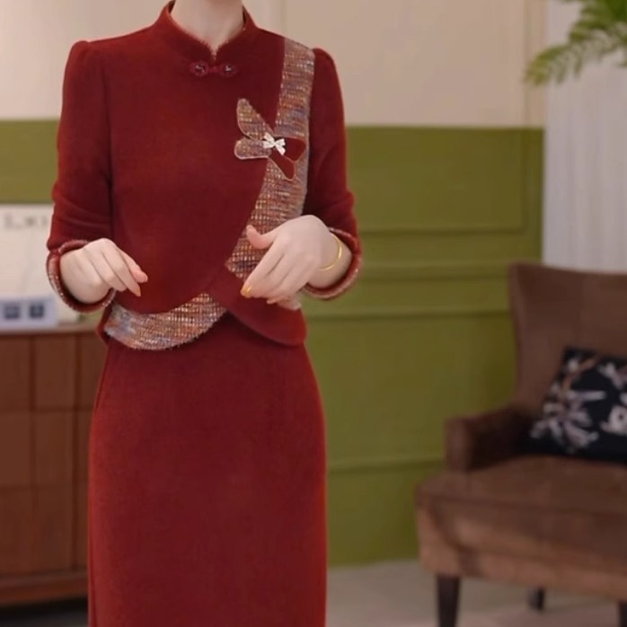 贵妃绒假两件加厚保暖优雅礼服裙