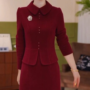 加厚保暖喜婆婆礼服裙子 高档雪花绒假两件拼接连衣裙2025秋冬新款