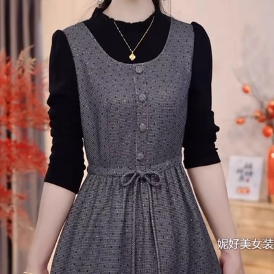 高档帛莱精纺收腰假两件连衣裙