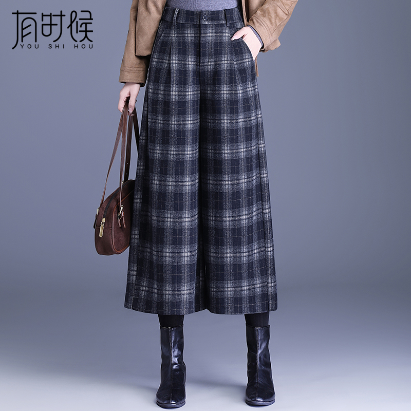 毛呢格子阔腿裤女秋冬2025新款宽松今年流行小个子八分休闲直筒裤